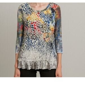 Ali Miles Small Abstract Mesh Blouse with Lace Hem